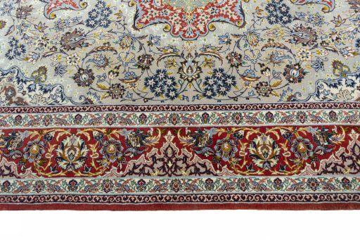 Corner detail of 2000s Isfahan rug showing border pattern and Cork pile