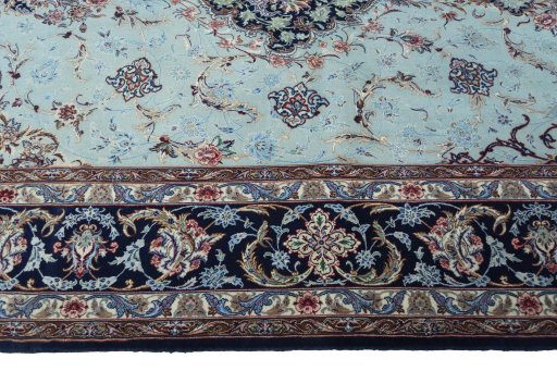 Corner detail of New Isfahan rug showing border pattern and Cork pile