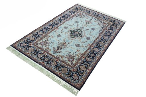 Corner detail of New Isfahan rug showing border pattern and Cork pile