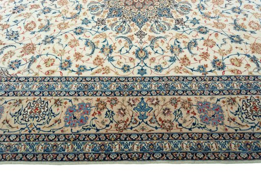 Corner detail of 1970s Isfahan rug showing border pattern and Cork pile