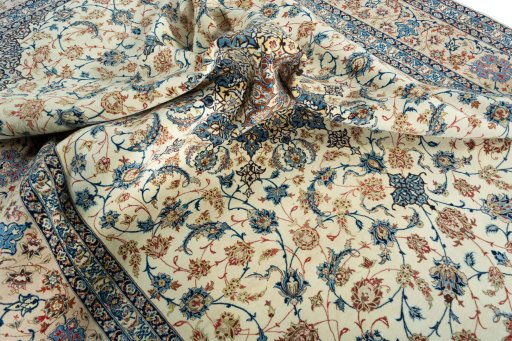 Surface texture of 1970s Isfahan rug with natural Cork and intricate pattern