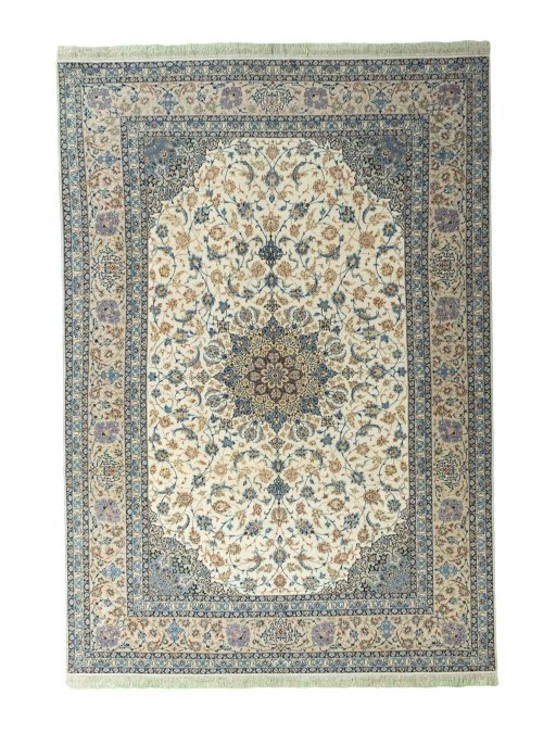 Full view of 1970s Isfahan rug from Iran / Persia, 343 × 239 cm in Beige tones