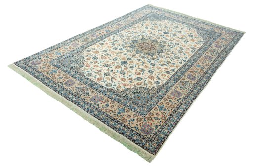 Corner detail of 1970s Isfahan rug showing border pattern and Cork pile
