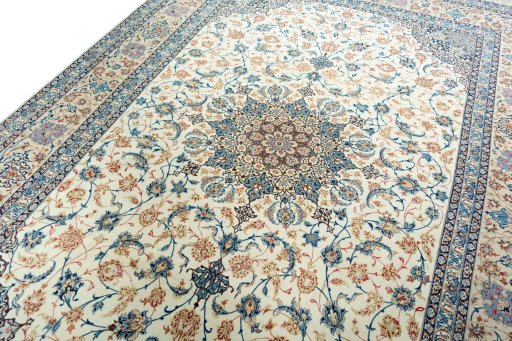 Backside of handmade 1970s Isfahan rug showing knot structure and weave density