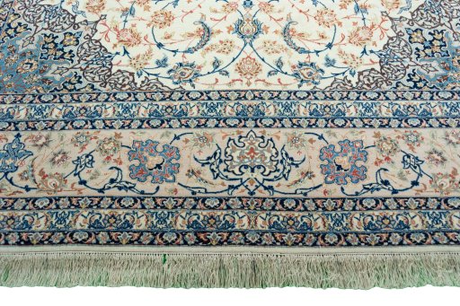 Full view of 1970s Isfahan rug from Iran / Persia, 343 × 239 cm in Beige tones