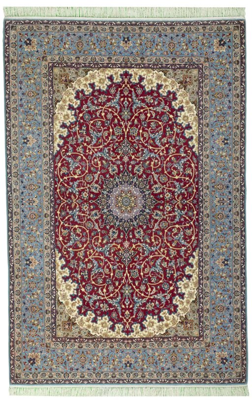 Full view of 1970s Isfahan rug from Iran / Persia, 232 × 153 cm in Red tones