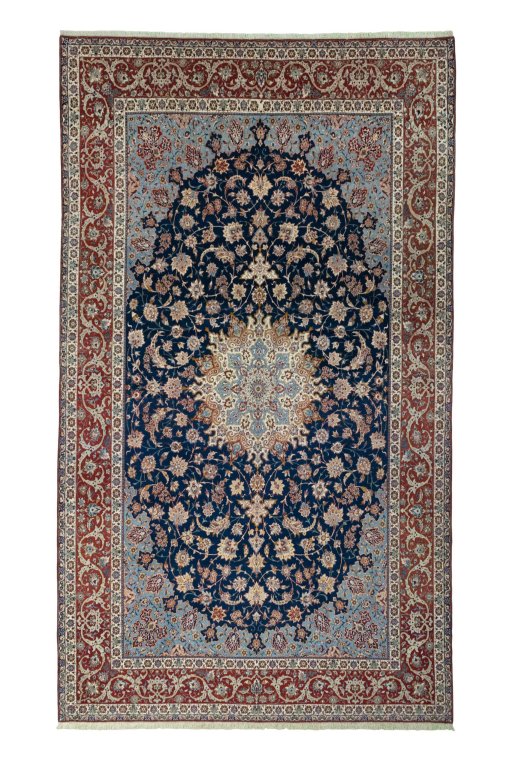 Full view of 1950s Isfahan rug from Iran / Persia, 457 × 265 cm in Blue tones