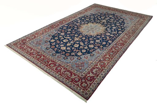 Corner detail of 1950s Isfahan rug showing border pattern and Cork pile