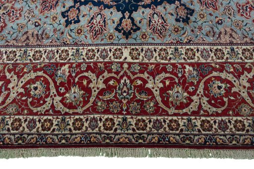 Full view of 1950s Isfahan rug from Iran / Persia, 457 × 265 cm in Blue tones