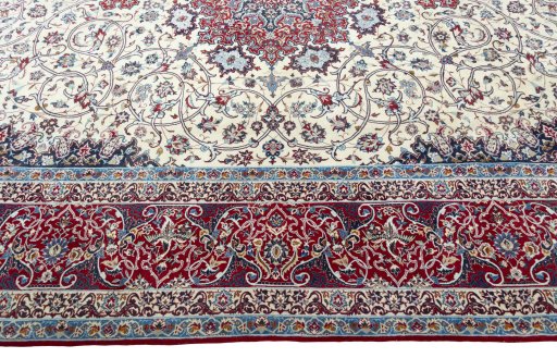 Corner detail of 1970s Isfahan rug showing border pattern and Cork pile