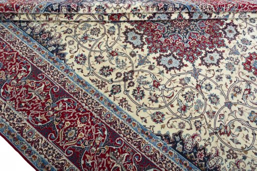 Close-up detail of 1970s Isfahan rug from Iran / Persia showing Cork weave