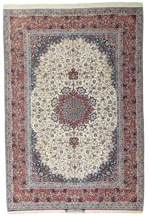 Full view of 1970s Isfahan rug from Iran / Persia, 380 × 260 cm in Beige tones