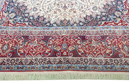 Full view of 1970s Isfahan rug from Iran / Persia, 380 × 260 cm in Beige tones