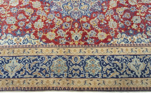 Corner detail of 1970s Isfahan rug showing border pattern and Cork pile