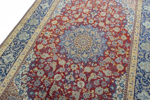 Backside of handmade 1970s Isfahan rug showing knot structure and weave density