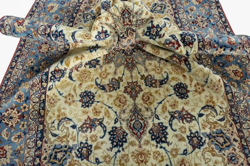 Surface texture of 1950s Isfahan rug with natural Cork and intricate pattern