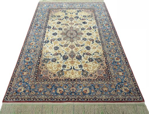 Surface texture of 1950s Isfahan rug with natural Cork and intricate pattern
