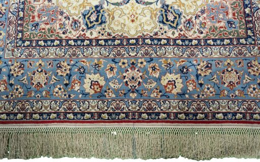 Full view of 1950s Isfahan rug from Iran / Persia, 241 × 148 cm in Beige tones