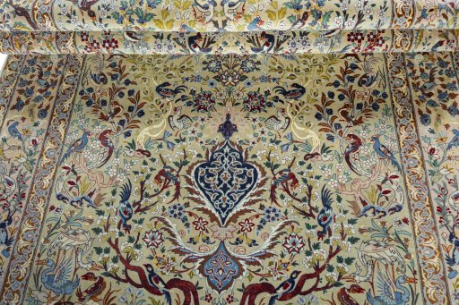 Close-up detail of 1970s Isfahan rug from Iran / Persia showing Cork weave