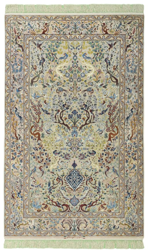 Full view of 1970s Isfahan rug from Iran / Persia, 231 × 145 cm in Beige tones