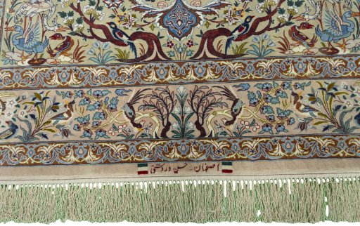 Full view of 1970s Isfahan rug from Iran / Persia, 231 × 145 cm in Beige tones