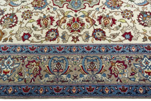 Corner detail of 1950s Isfahan rug showing border pattern and Wool pile
