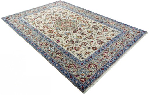 Close-up detail of 1950s Isfahan rug from Iran / Persia showing Wool weave