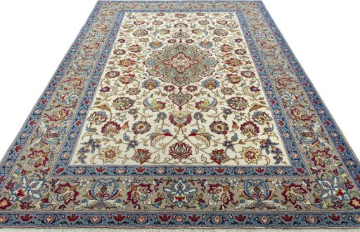 Surface texture of 1950s Isfahan rug with natural Wool and intricate pattern