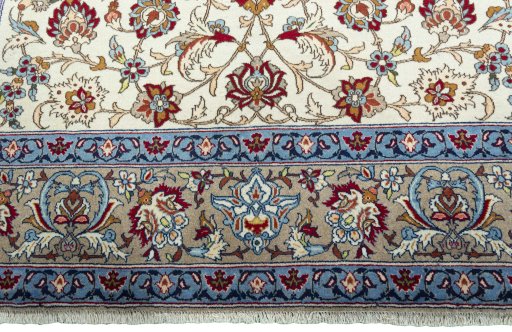 Full view of 1950s Isfahan rug from Iran / Persia, 310 × 211 cm in Beige tones