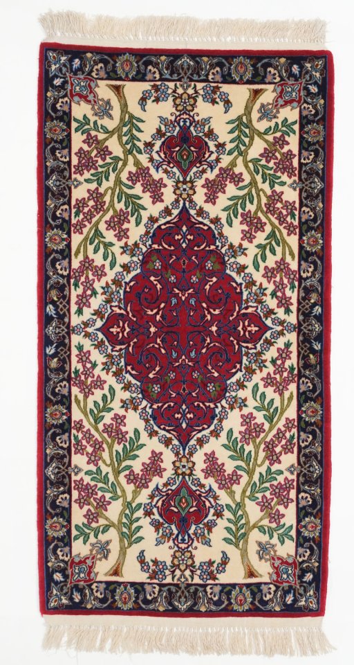Full view of New Isfahan rug from Iran / Persia, 121 × 63 cm in Beige tones