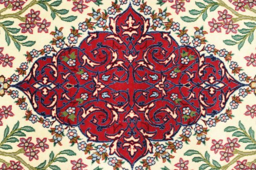 Close-up detail of New Isfahan rug from Iran / Persia showing Wool weave