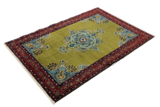 Close-up detail of 2000s Isfahan rug from Iran / Persia showing Wool weave