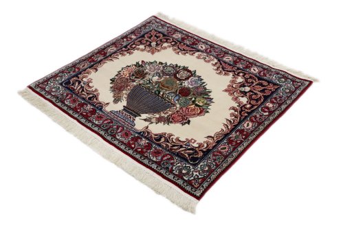 Corner detail of New Isfahan rug showing border pattern and Wool pile