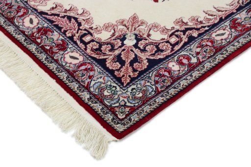 Backside of handmade New Isfahan rug showing knot structure and weave density