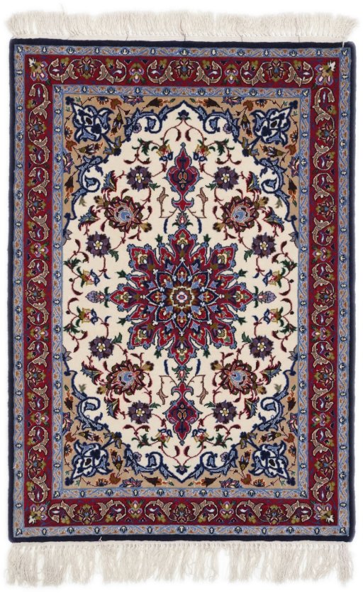 Full view of New Isfahan rug from Iran / Persia, 102 × 71 cm in Beige tones