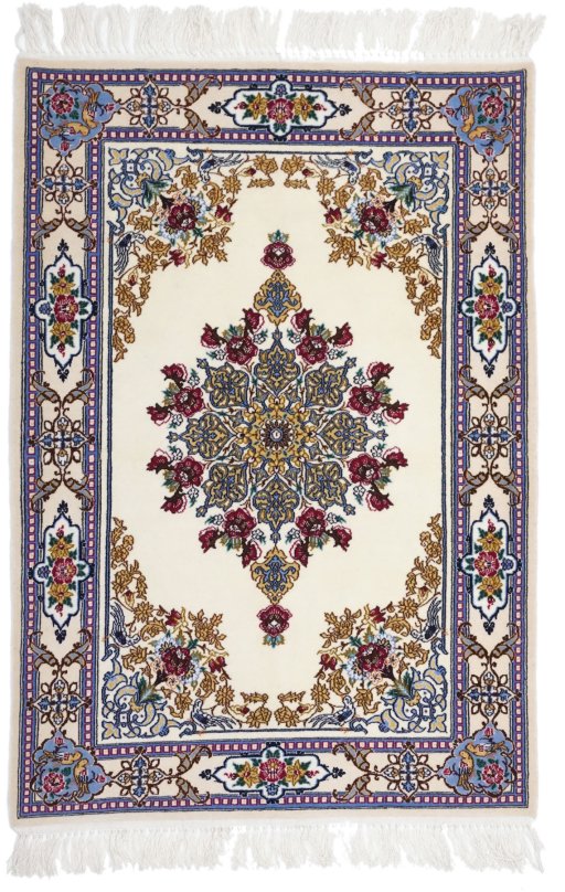 Full view of New Isfahan rug from Iran / Persia, 103 × 72 cm in Beige tones