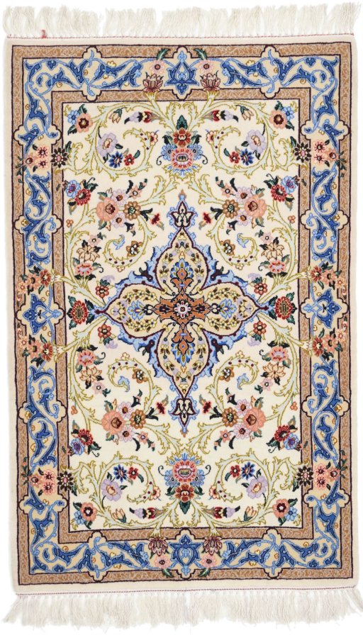 Full view of New Isfahan rug from Iran / Persia, 110 × 70 cm in Beige tones