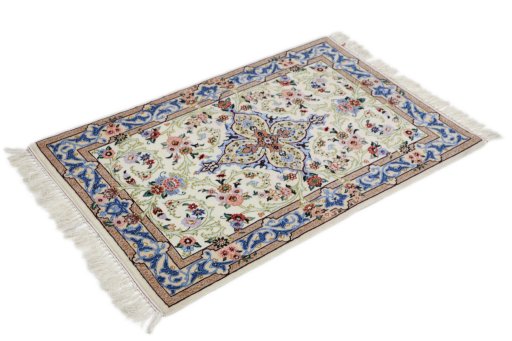 Corner detail of New Isfahan rug showing border pattern and Wool pile
