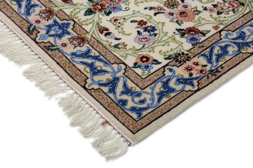 Backside of handmade New Isfahan rug showing knot structure and weave density