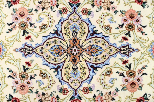 Close-up detail of New Isfahan rug from Iran / Persia showing Wool weave