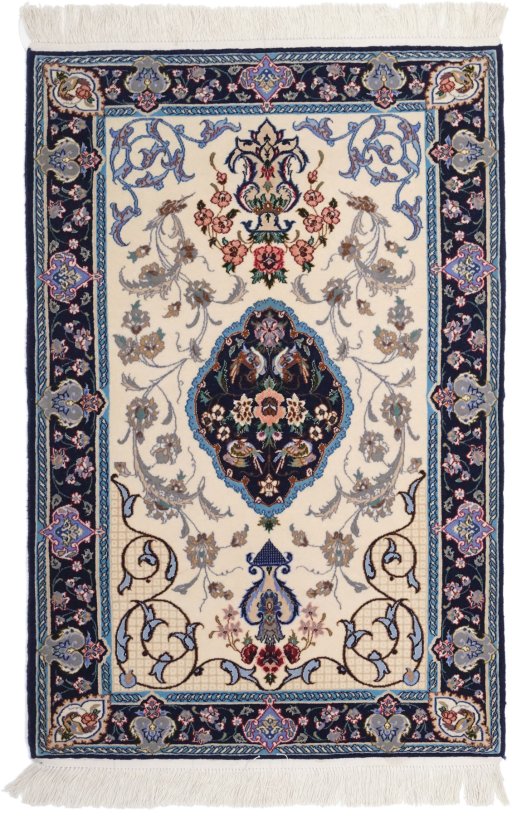 Full view of New Isfahan rug from Iran / Persia, 108 × 73 cm in Beige tones