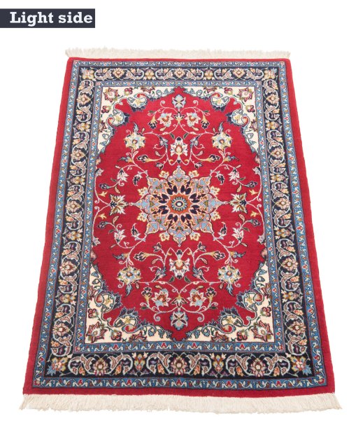 Close-up detail of New Isfahan rug from Iran / Persia showing Wool weave