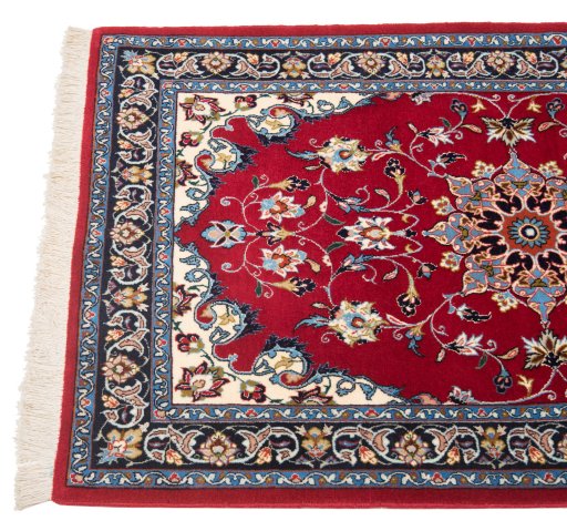 Backside of handmade New Isfahan rug showing knot structure and weave density