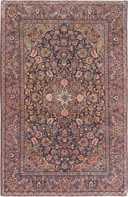 Full view of 1920s Kashan rug from Iran / Persia, 208 × 136 cm in Dark blue tones
