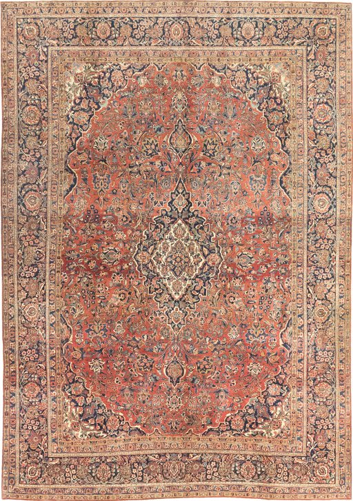 Full view of 1950s Kashan rug from Iran / Persia, 385 × 271 cm in Red tones
