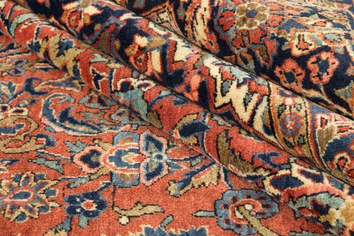 Full view of 1950s Kashan rug from Iran / Persia, 385 × 271 cm in Red tones
