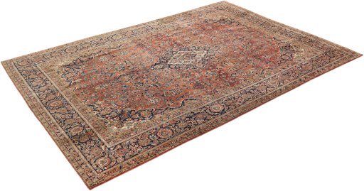 Corner detail of 1950s Kashan rug showing border pattern and Wool pile
