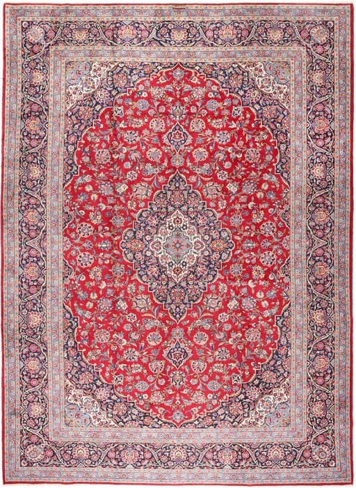 Full view of New Kashan rug from Iran / Persia, 438 × 325 cm in Red tones