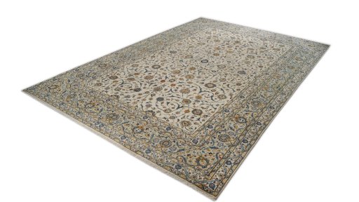 Corner detail of New Kashan rug showing border pattern and Wool pile
