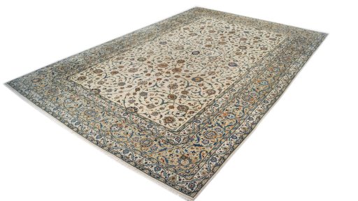 Backside of handmade New Kashan rug showing knot structure and weave density